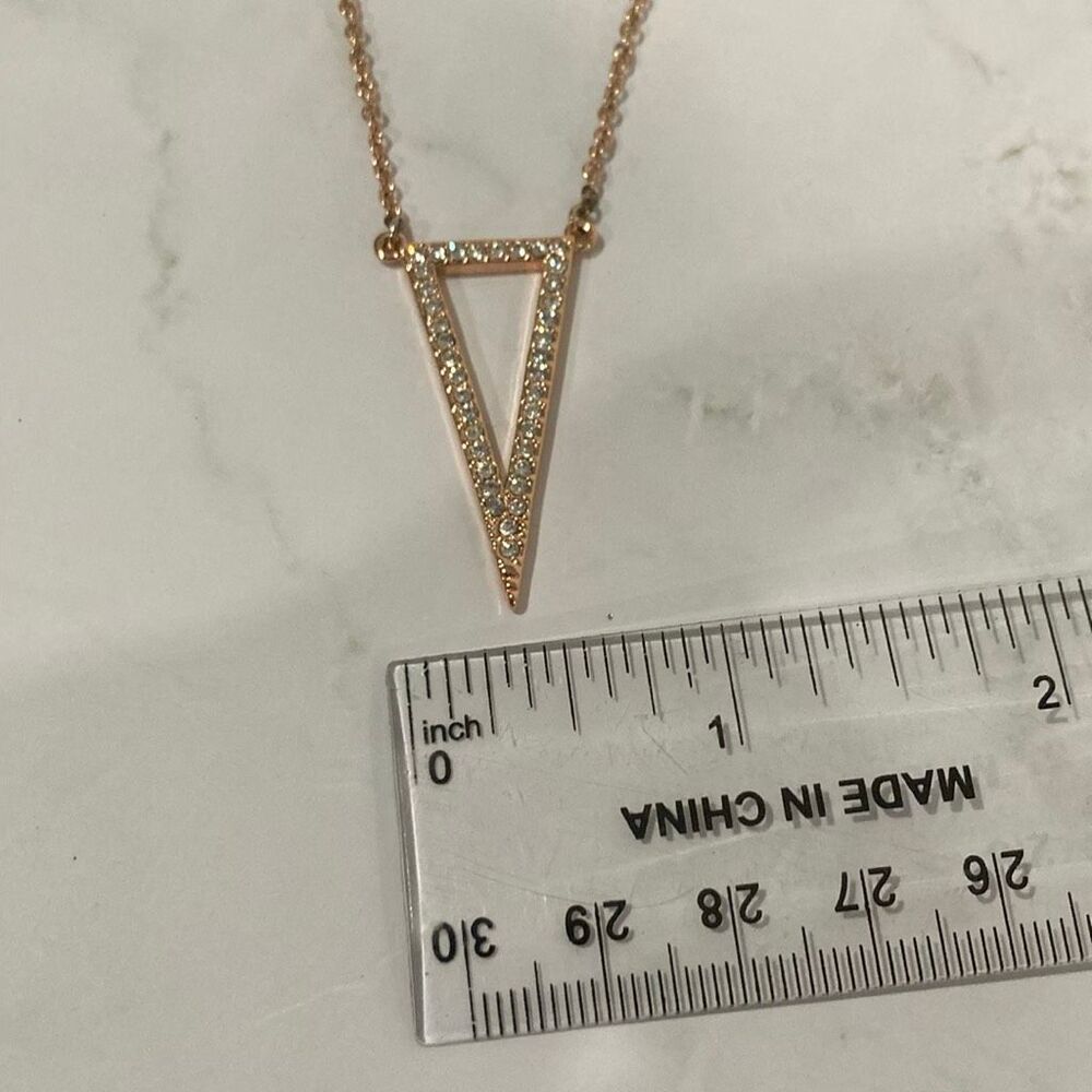 Rose Gold Tone Rhinestone Triangle Pendant Necklace Adjustable 15-18" - Picture 3 of 4
